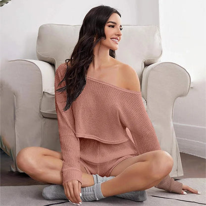 Loungewear - Breathable Waffle Knit Crop Top & Shorts Loungewear Set