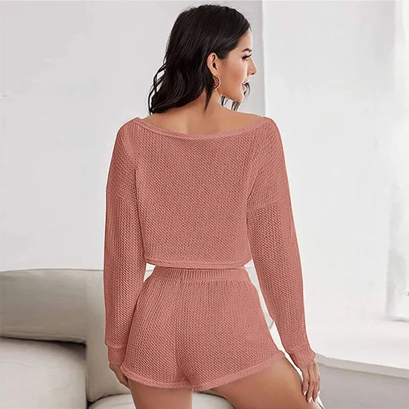 Loungewear - Breathable Waffle Knit Crop Top & Shorts Loungewear Set