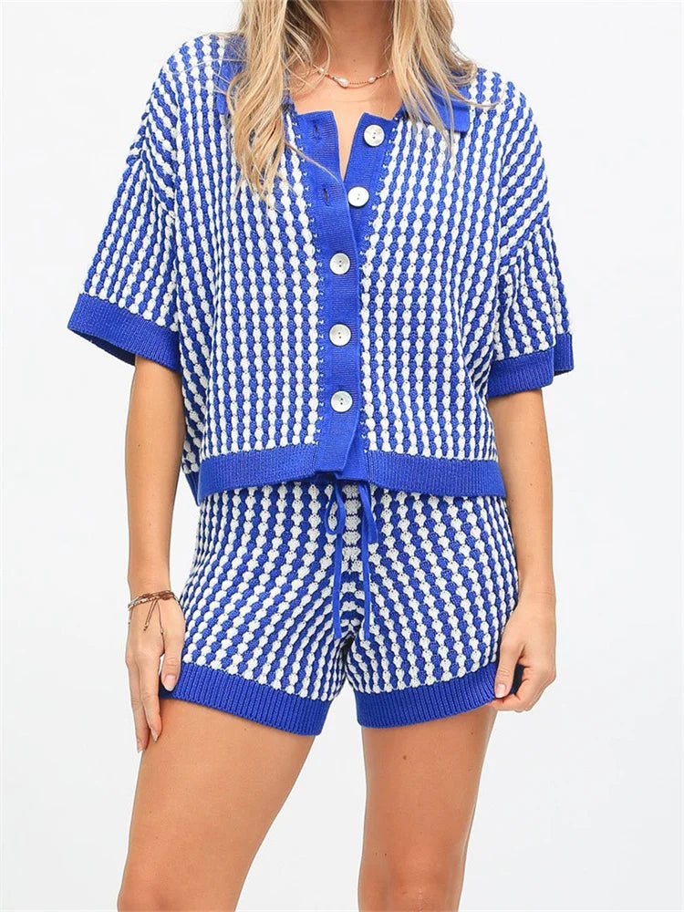 Loungewear - Button-Up Top & Shorts Knitted Loungewear