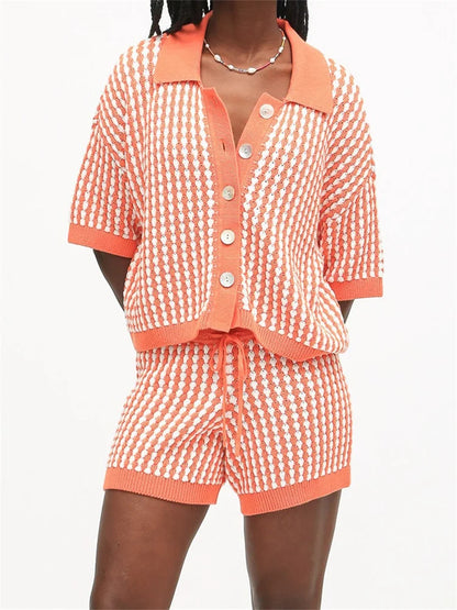 Loungewear - Button-Up Top & Shorts Knitted Loungewear