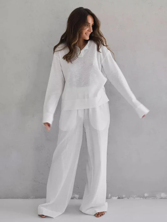 Loungewear - Cotton Blend Wide-Leg Pants & Top Loungewear Set