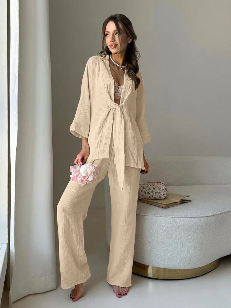 Loungewear - Cotton Lounge Set for Women Robe and Pants