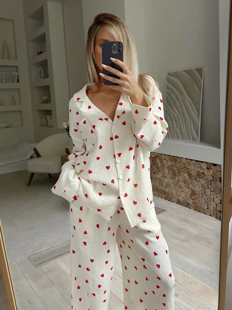 Loungewear- Cotton Love Print Pajamas Women's Long Sleeve Shirt & Pants Set- - Pekosa Women Fashion