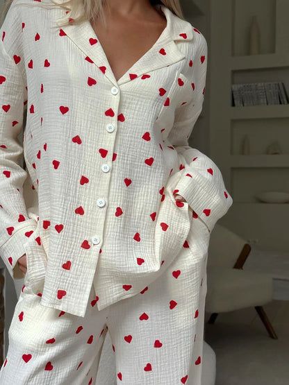 Loungewear- Cotton Love Print Pajamas Women's Long Sleeve Shirt & Pants Set- - Pekosa Women Fashion