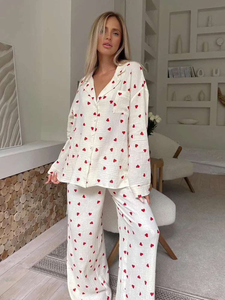 Loungewear- Cotton Love Print Pajamas Women's Long Sleeve Shirt & Pants Set- - Pekosa Women Fashion