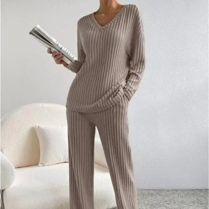 Loungewear - Fall Ribbed Knit Loungewear Set Matching Outfit