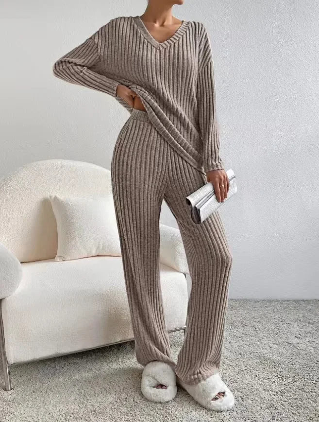 Loungewear - Fall Ribbed Knit Loungewear Set Matching Outfit