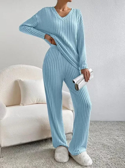 Loungewear - Fall Ribbed Knit Loungewear Set Matching Outfit