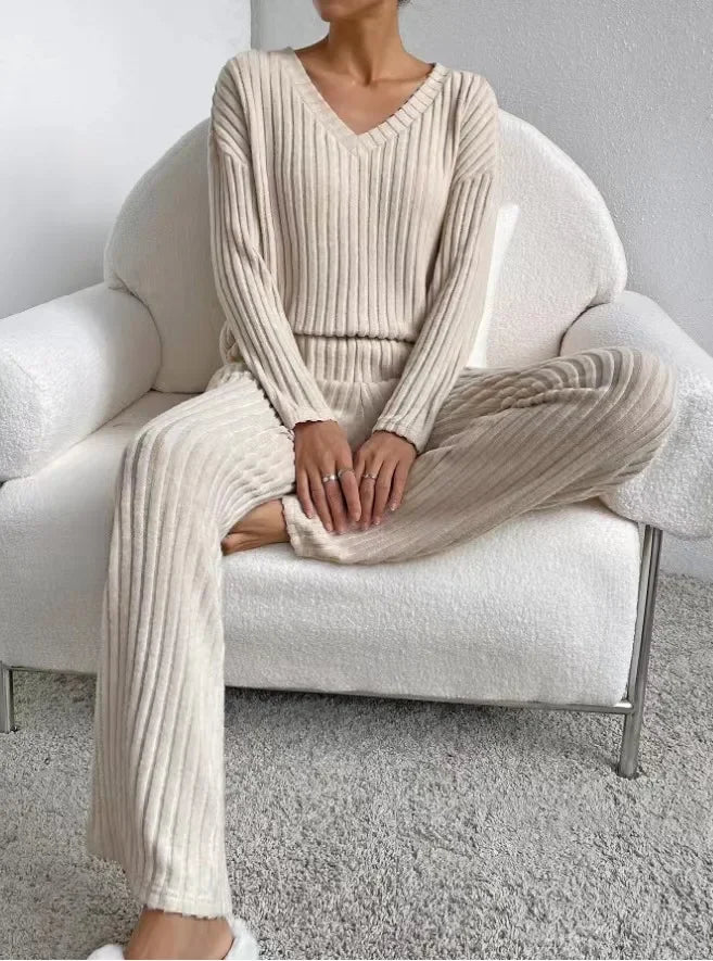 Loungewear - Fall Ribbed Knit Loungewear Set Matching Outfit