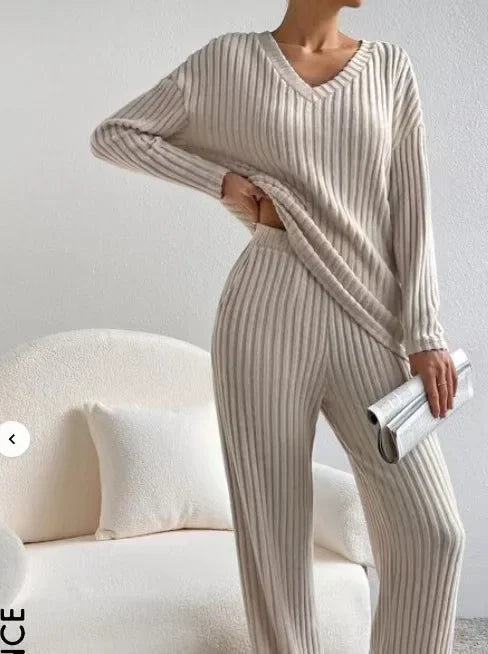 Loungewear - Fall Ribbed Knit Loungewear Set Matching Outfit