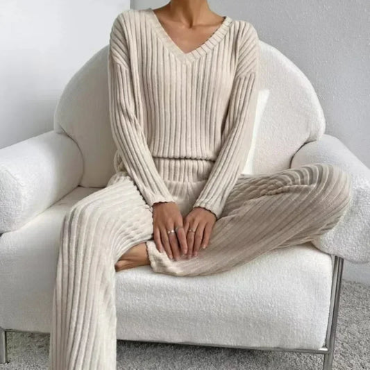 Fall Ribbed Knit Loungewear Set Matching Outfit