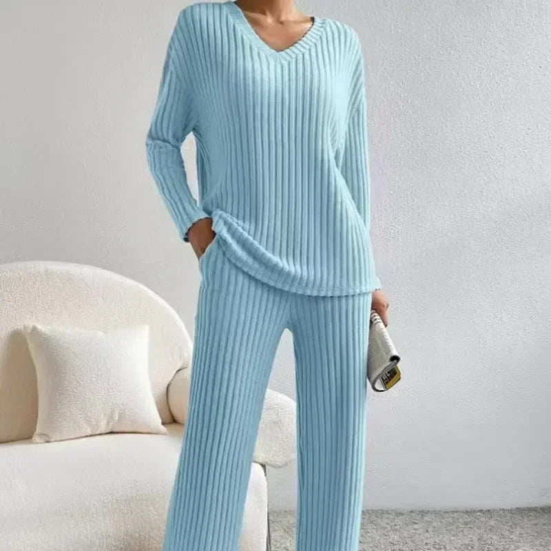 Loungewear - Fall Ribbed Knit Loungewear Set Matching Outfit