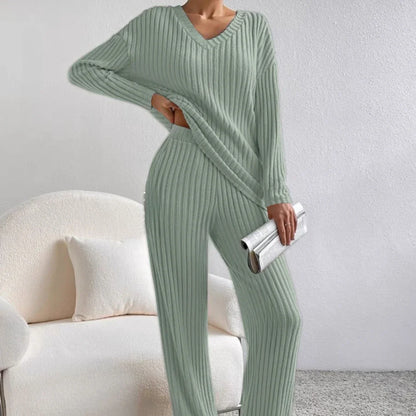 Loungewear - Fall Ribbed Knit Loungewear Set Matching Outfit