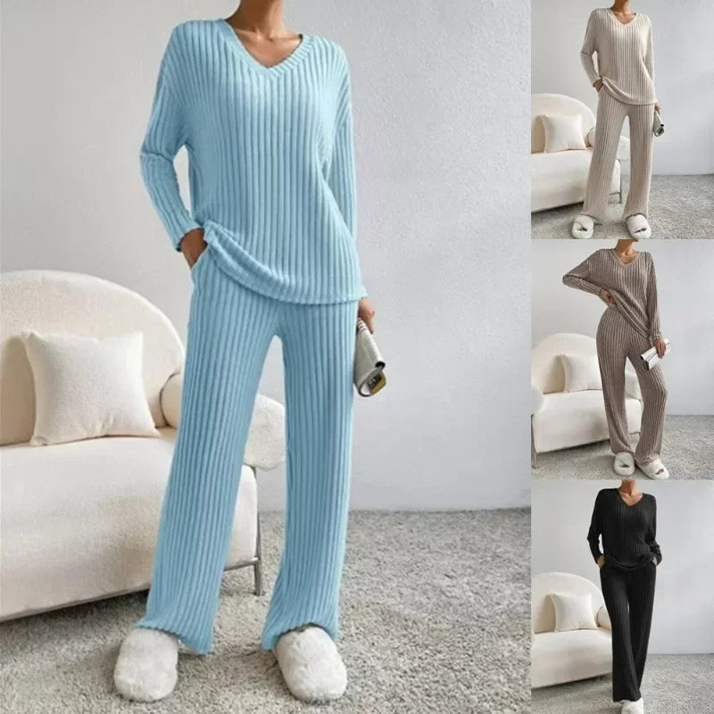 Loungewear - Fall Ribbed Knit Loungewear Set Matching Outfit