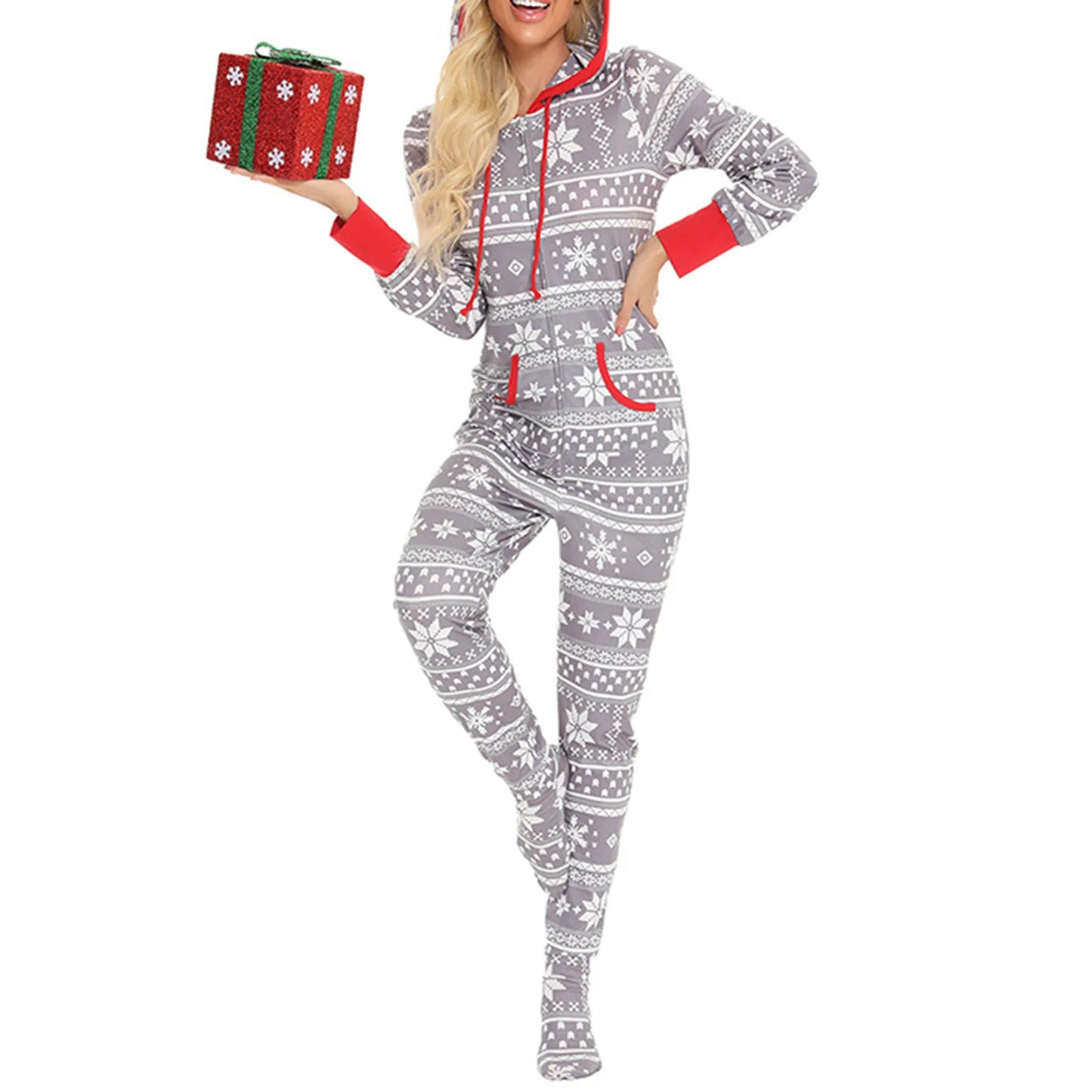 Loungewear- Festive Snowflake Jumpsuit - Hooded Onesie for Women- - Pekosa Women Fashion