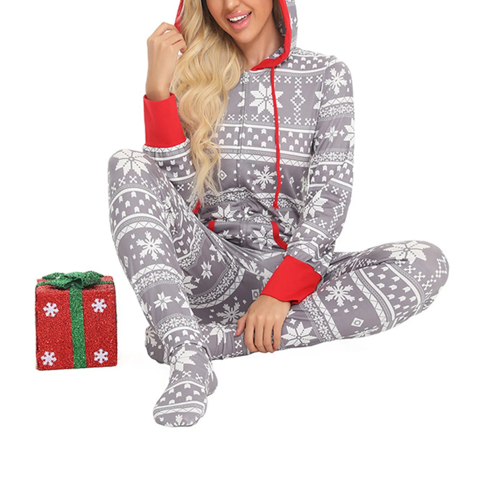 Loungewear- Festive Snowflake Jumpsuit - Hooded Onesie for Women- Grey- Pekosa Women Fashion