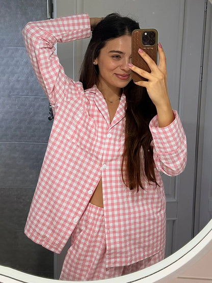 Loungewear - Gingham Loungewear Pajamas Cotton Shirt & Pants 2 Piece Set