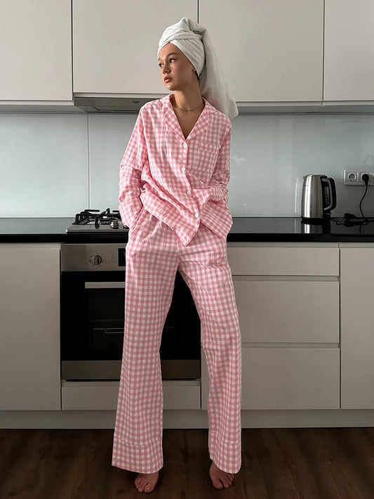 Loungewear - Gingham Loungewear Pajamas Cotton Shirt & Pants 2 Piece Set