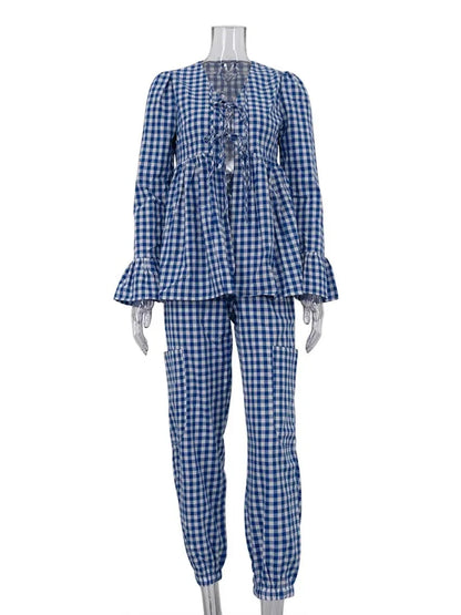 Loungewear - Gingham Outfit Pencil Pants & Tie-Up Shirt in Cotton Blend