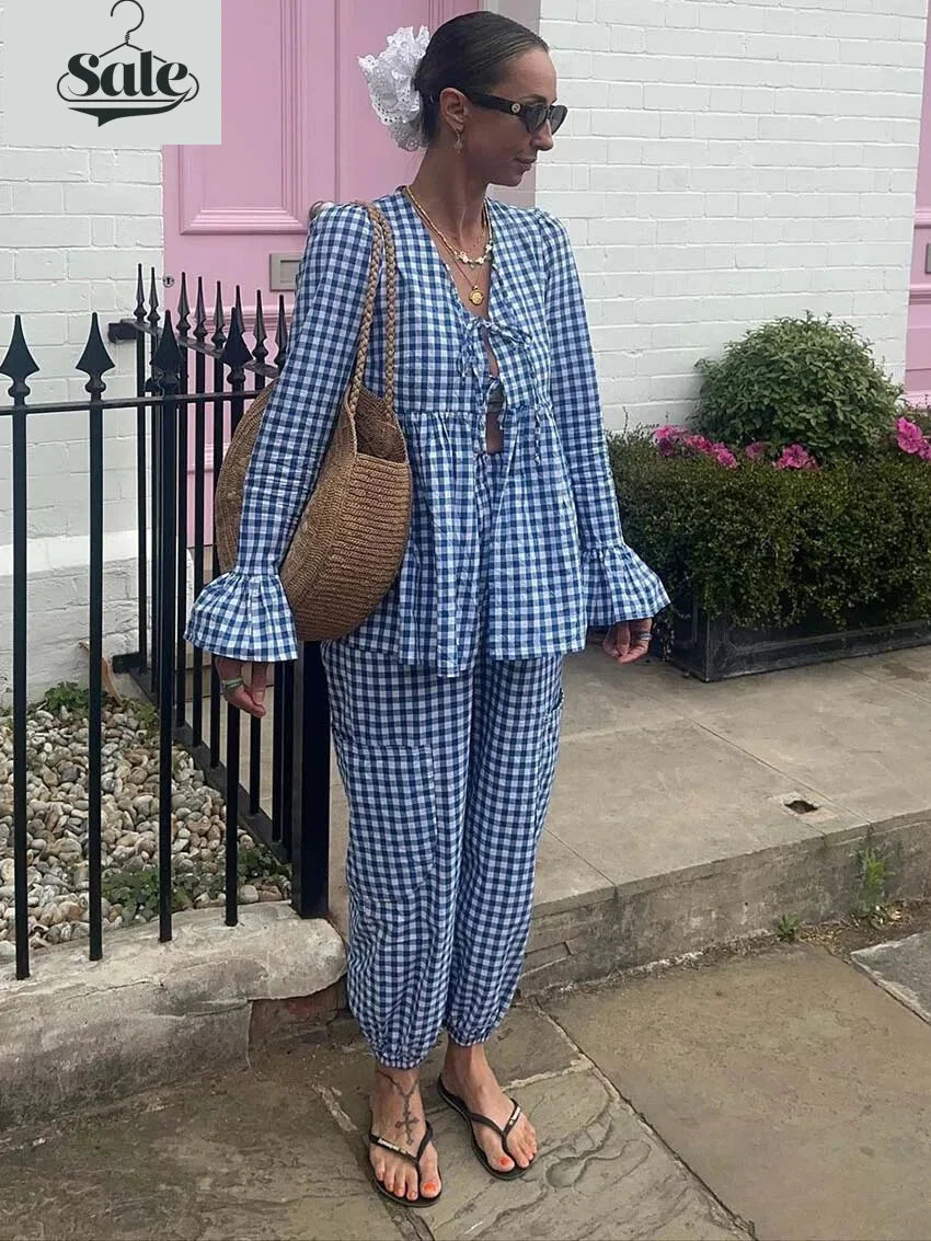 Loungewear - Gingham Outfit Pencil Pants & Tie-Up Shirt in Cotton Blend