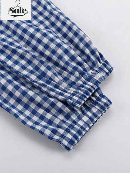 Loungewear - Gingham Outfit Pencil Pants & Tie-Up Shirt in Cotton Blend