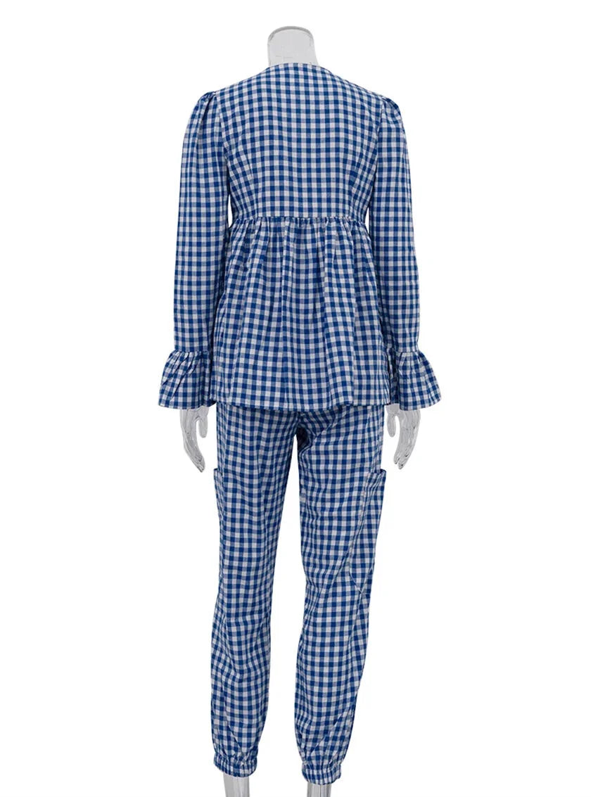 Loungewear - Gingham Outfit Pencil Pants & Tie-Up Shirt in Cotton Blend