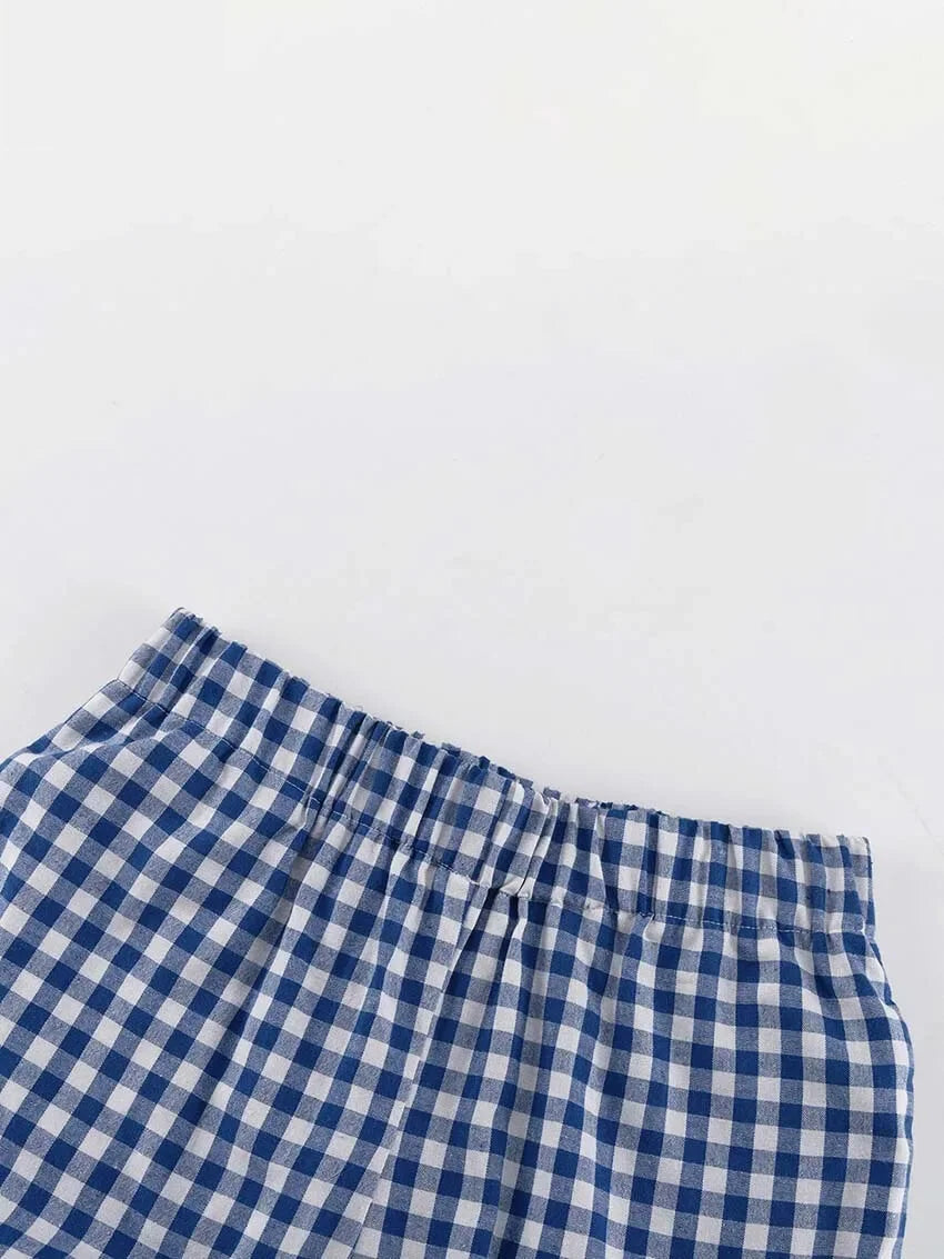 Loungewear - Gingham Outfit Pencil Pants & Tie-Up Shirt in Cotton Blend