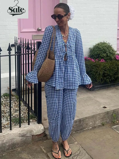 Loungewear - Gingham Outfit Pencil Pants & Tie-Up Shirt in Cotton Blend