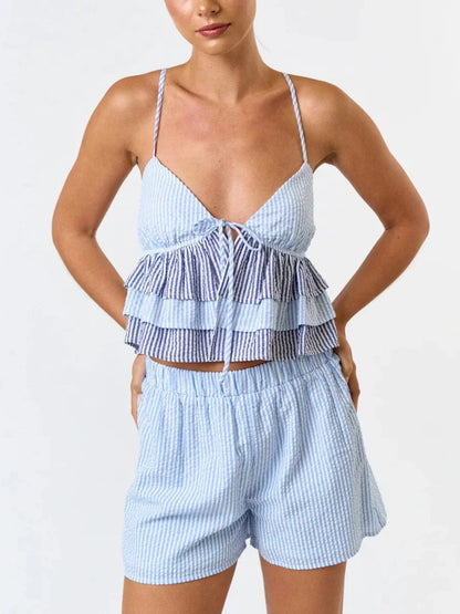 Loungewear - Gingham Peplum Set Loungewear Cami and Shorts