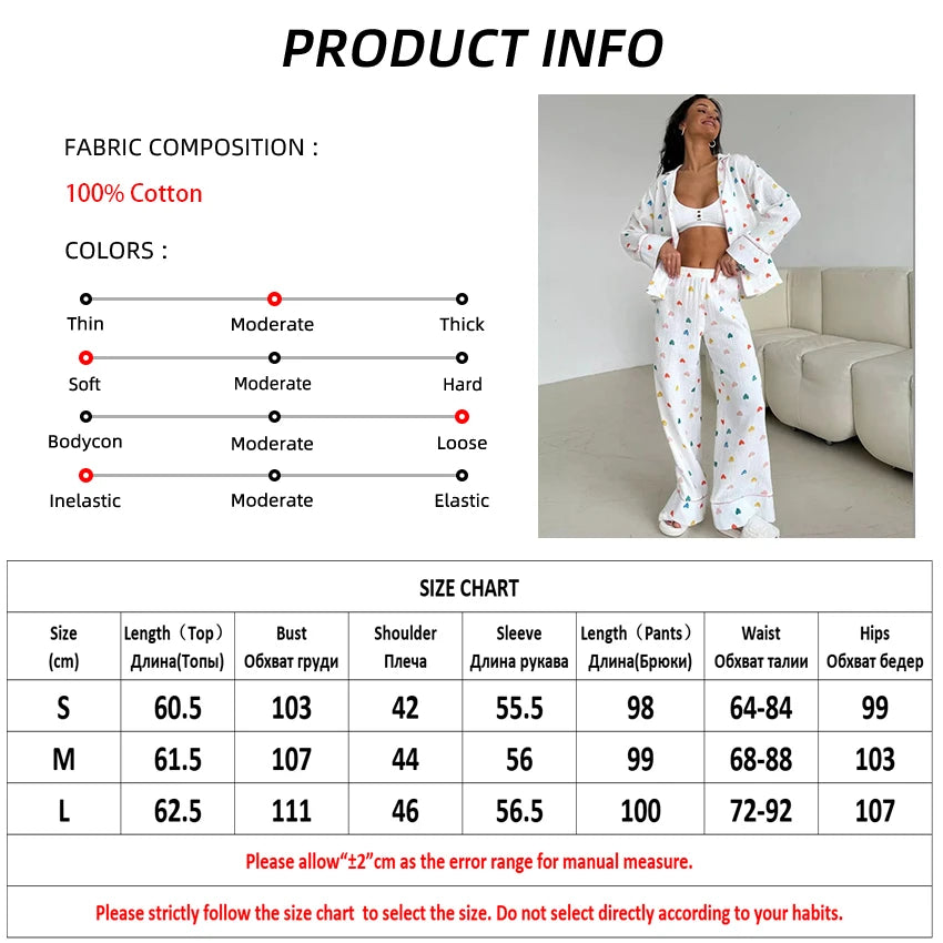 Loungewear - Heart Print Cotton Pajama Set Notch Collar 2-Piece Loungewear