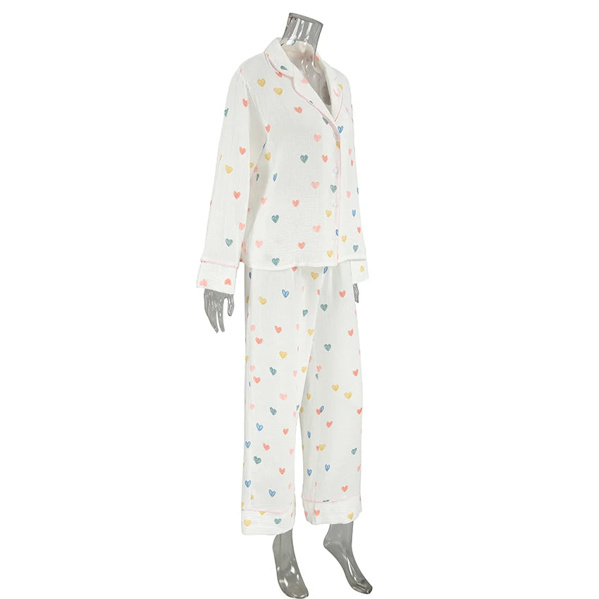 Loungewear - Heart Print Cotton Pajama Set Notch Collar 2-Piece Loungewear