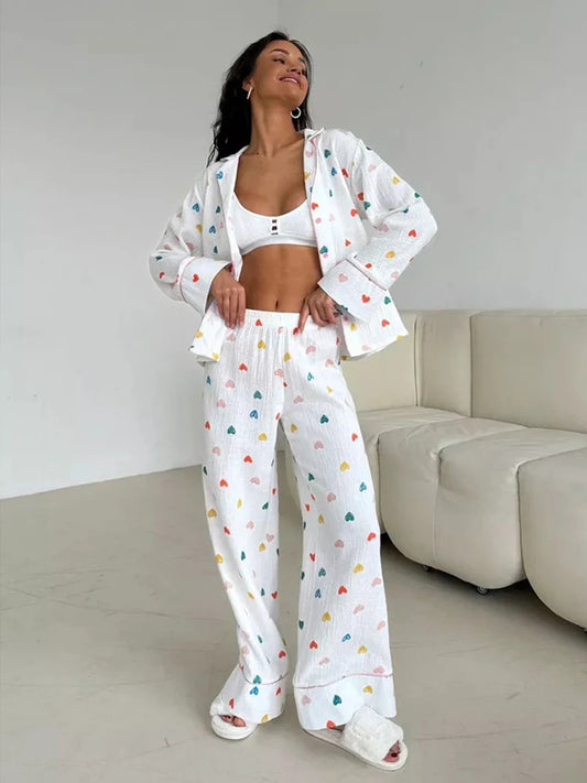 Loungewear - Heart Print Cotton Pajama Set Notch Collar 2-Piece Loungewear