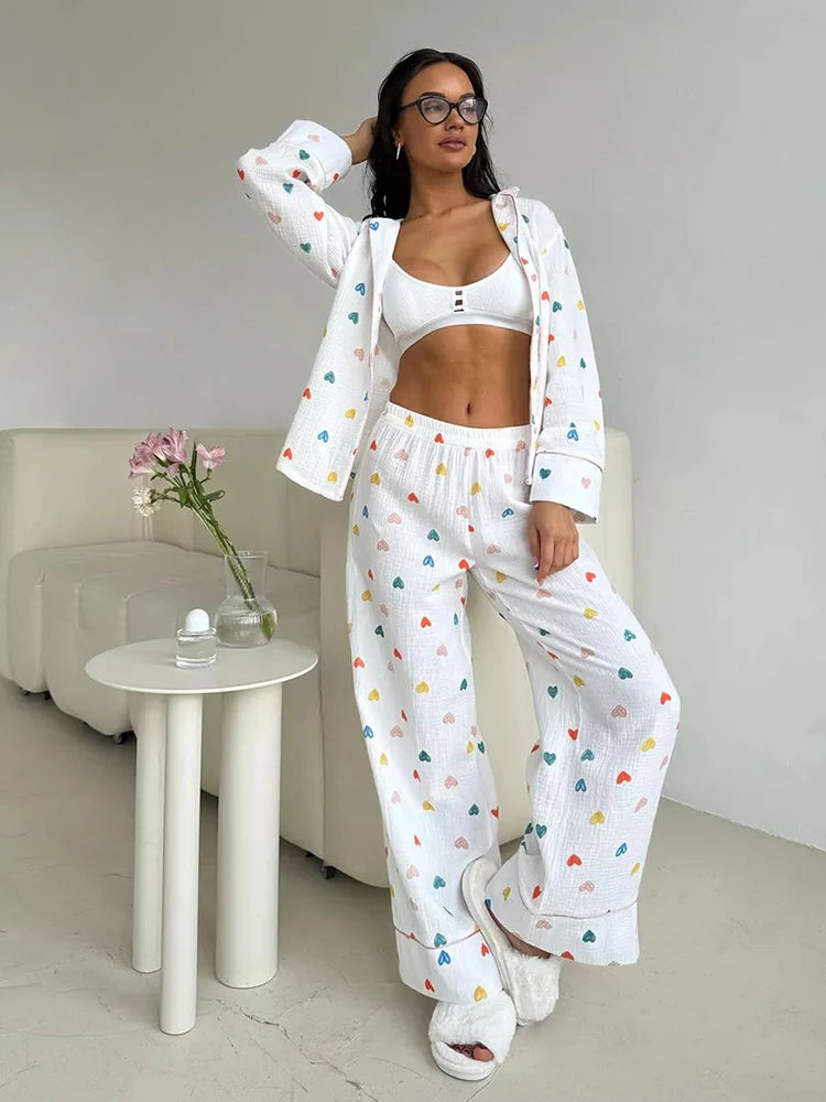 Loungewear - Heart Print Cotton Pajama Set Notch Collar 2-Piece Loungewear