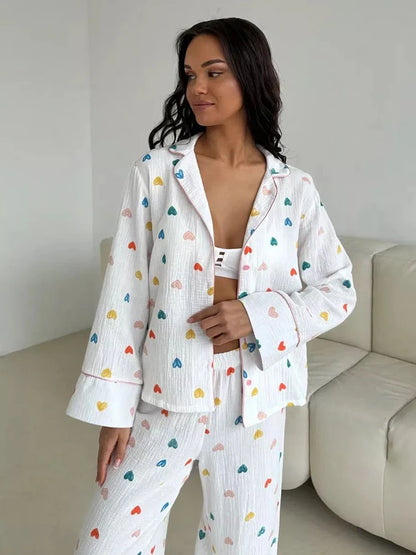 Loungewear - Heart Print Cotton Pajama Set Notch Collar 2-Piece Loungewear