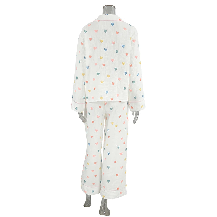 Loungewear - Heart Print Cotton Pajama Set Notch Collar 2-Piece Loungewear