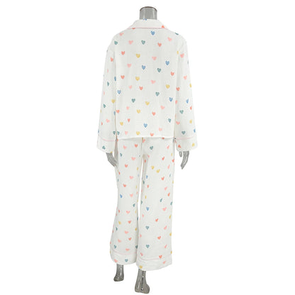 Loungewear - Heart Print Cotton Pajama Set Notch Collar 2-Piece Loungewear