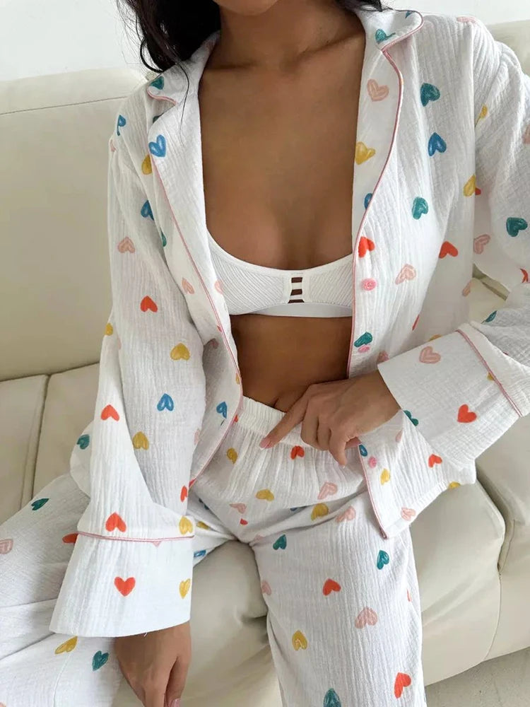 Loungewear - Heart Print Cotton Pajama Set Notch Collar 2-Piece Loungewear