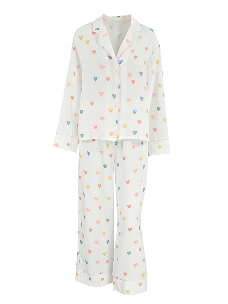 Loungewear - Heart Print Cotton Pajama Set Notch Collar 2-Piece Loungewear