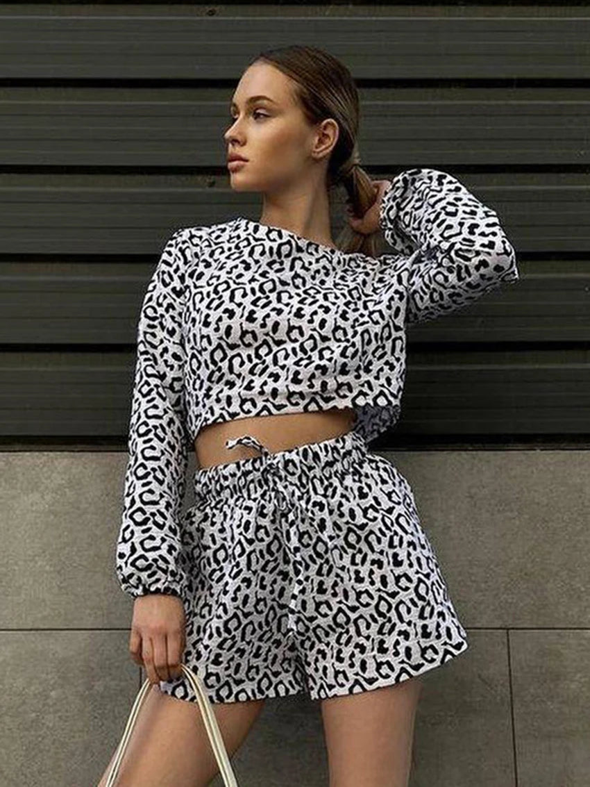 Loungewear - Leopard Print Crop & Shorts Cotton Twinset Leisurewear