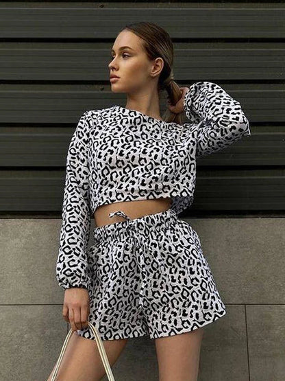 Loungewear - Leopard Print Crop & Shorts Cotton Twinset Leisurewear