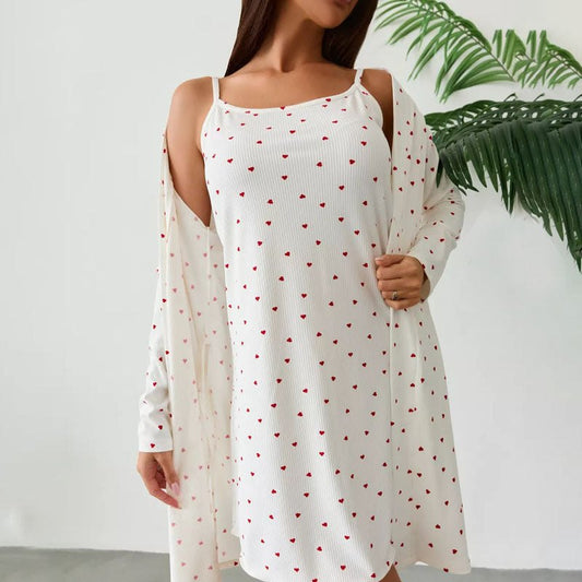 Loungewear - Heart Print Lounge Pajamas - Cami Dress &amp; Robe Set