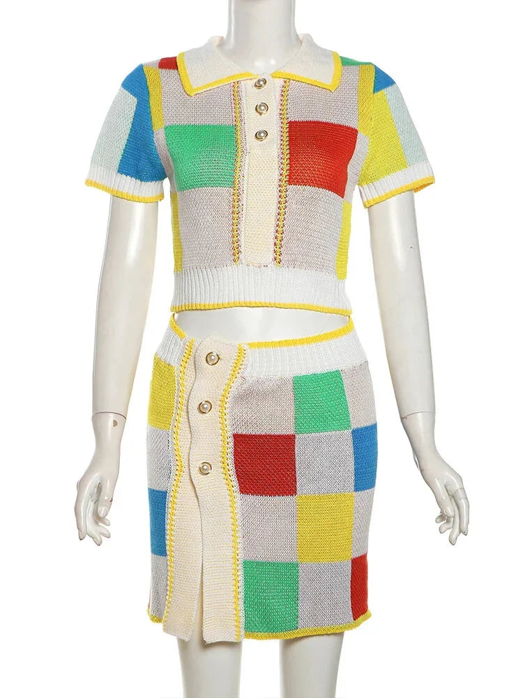 Loungewear - Patchwork Polo Set with Skirt for Artistic Souls Knit Outfit