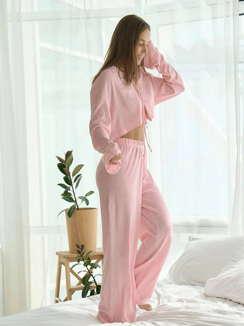 Loungewear - Pink Cotton Lounge Set with Lace-Up Top and Pants for Women