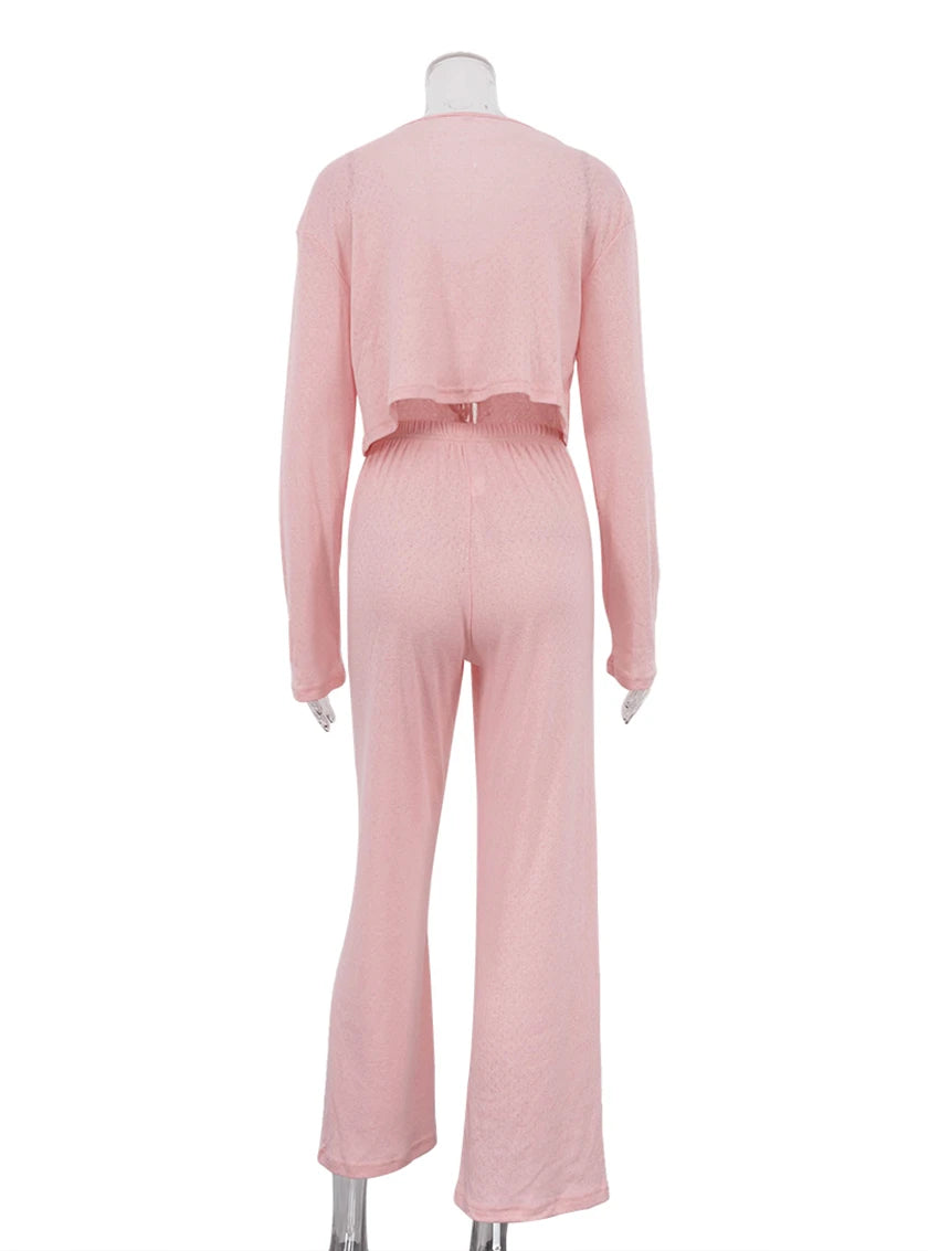 Loungewear - Pink Cotton Lounge Set with Lace-Up Top and Pants for Women