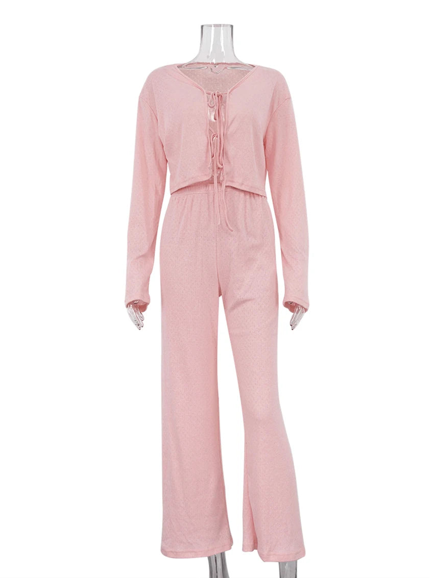 Loungewear - Pink Cotton Lounge Set with Lace-Up Top and Pants for Women