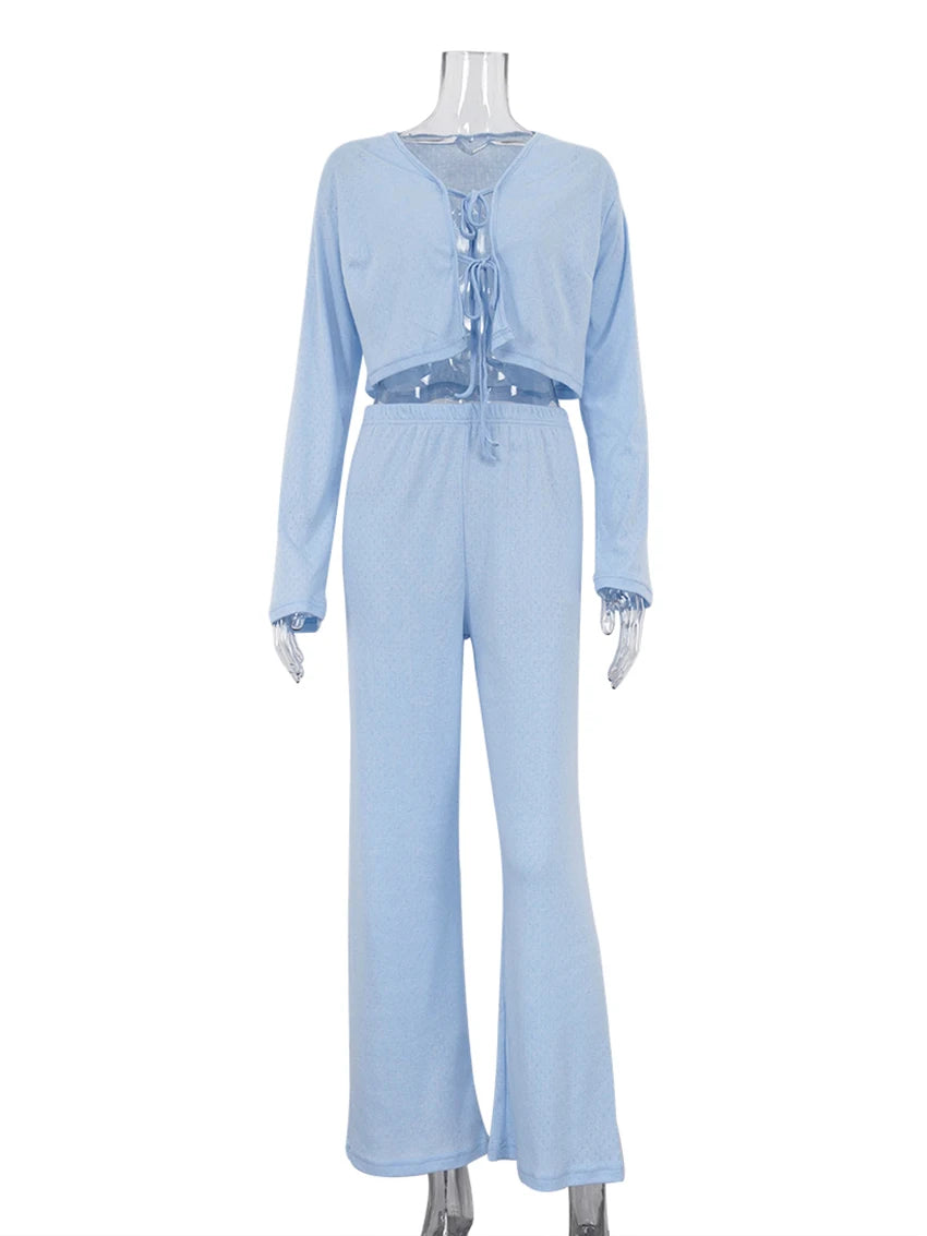 Loungewear - Pink Cotton Lounge Set with Lace-Up Top and Pants for Women