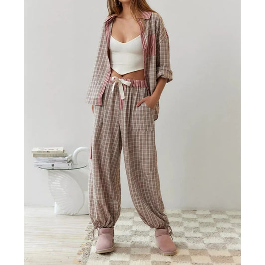 Loungewear - Plaid Loungewear Pajama Set Harem Pants & Shirt