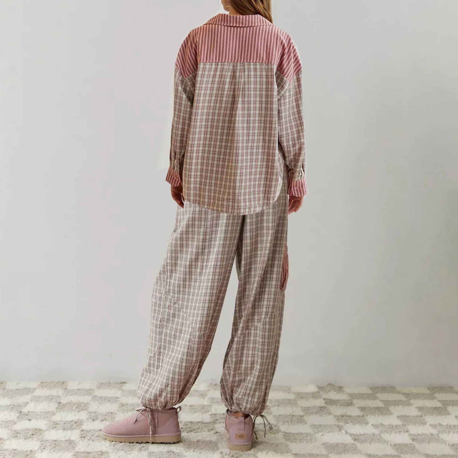 Loungewear - Plaid Loungewear Pajama Set Harem Pants & Shirt