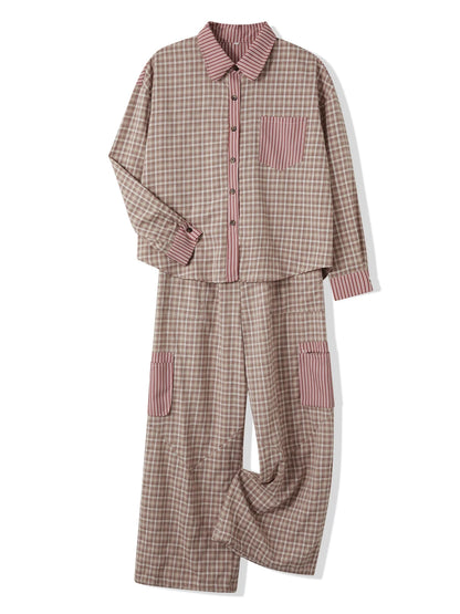 Loungewear - Plaid Loungewear Pajama Set Harem Pants & Shirt