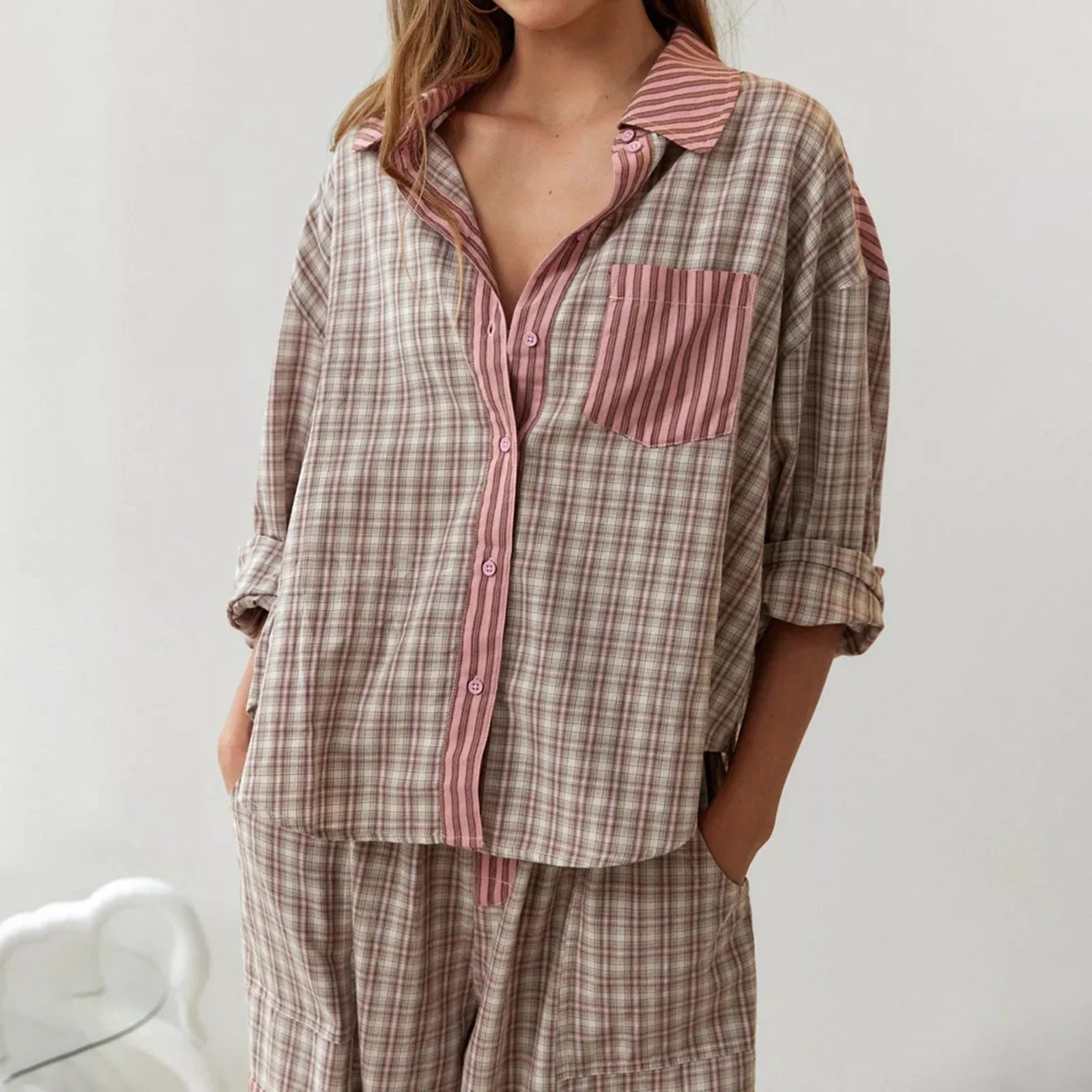 Loungewear - Plaid Loungewear Pajama Set Harem Pants & Shirt